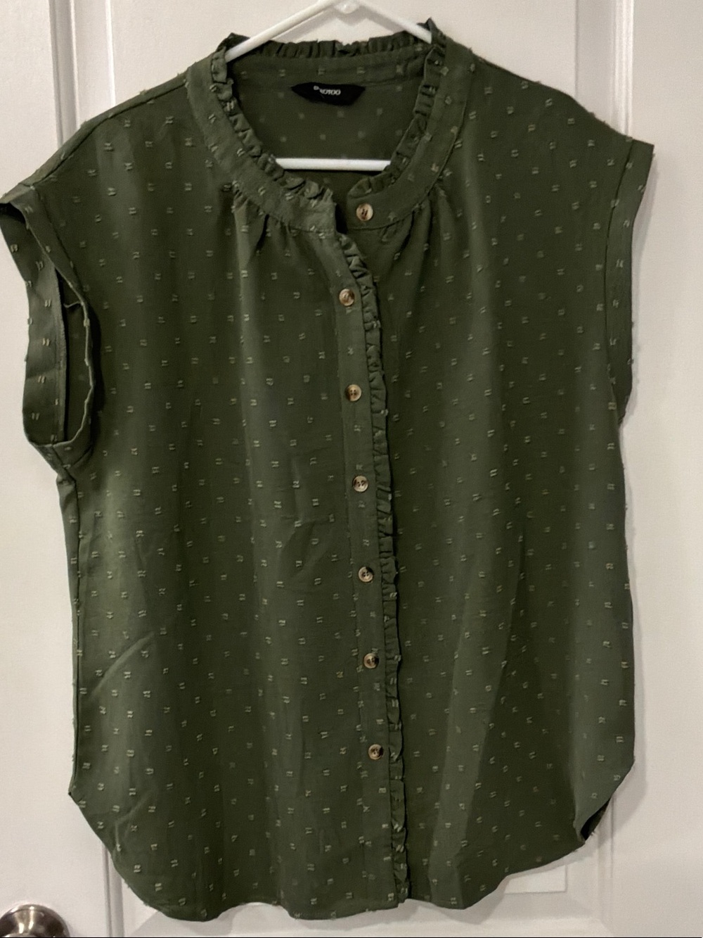 Olive Ruffle Trim Clip Dot Button-Up Top